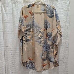 I JOAH Tan and Blue Leaf Print Kimono